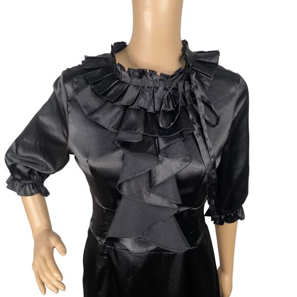 Vtg Y2K Black Satin Pleated Ruffle High Neck Sheath Dress SZ M - Picture 4 of 10